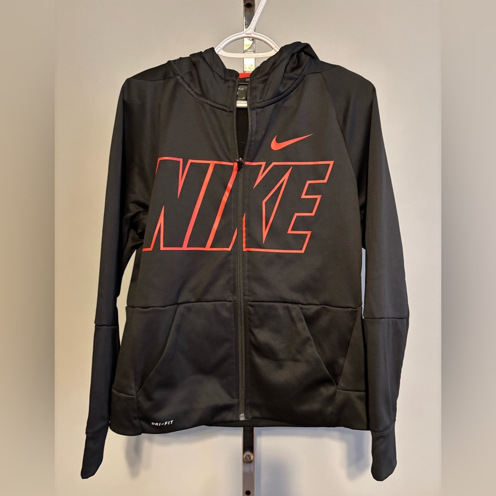 Nike Dri Fit Hooded Zip Up Jacket Junior XL Black Orange See Measurements